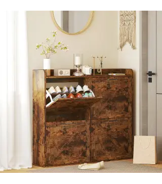 Zapatero Estrecho con 4 Compartimentos Abatibles Divisores Ajustables para 24 Pares con Antivuelco 120x24x103 cm Marrón