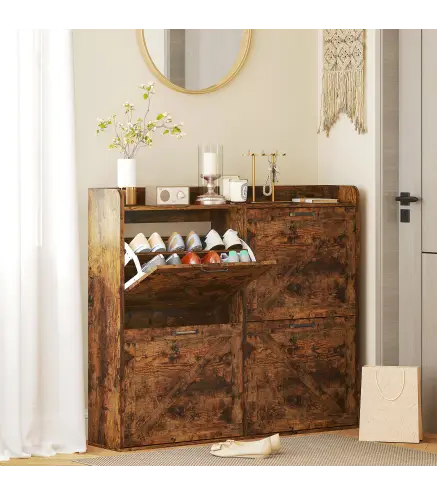 Zapatero Estrecho con 4 Compartimentos Abatibles Divisores Ajustables para 24 Pares con Antivuelco 120x24x103 cm Marrón