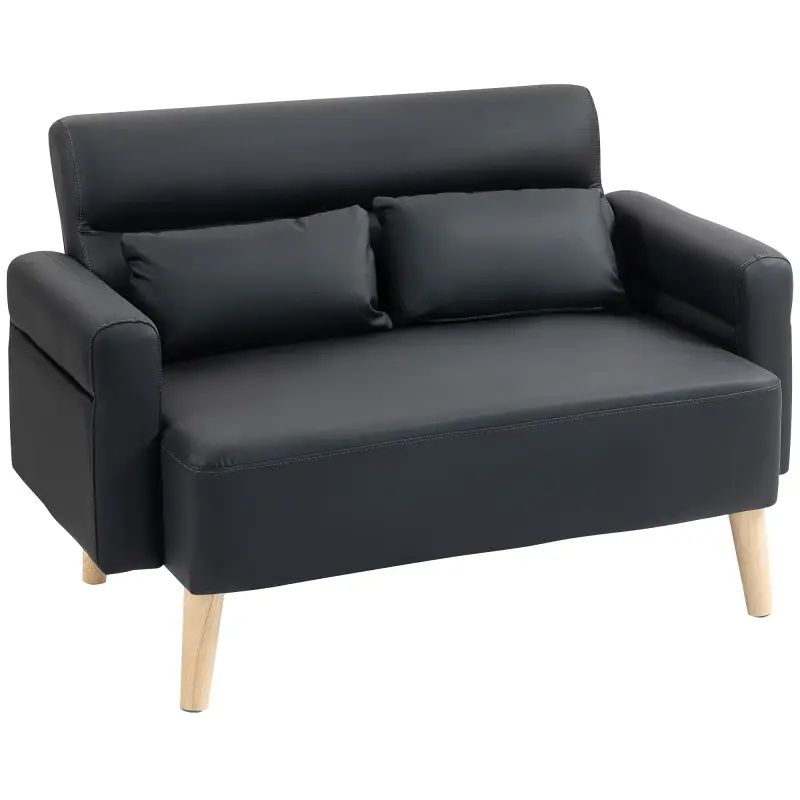 Sofá de 2 Plazas con Tapizado de Cuero Sintético Acolchado Grueso y Patas de Madera para Salón 117x78x78 cm Negro