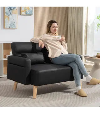 Sofá de 2 Plazas con Tapizado de Cuero Sintético Acolchado Grueso y Patas de Madera para Salón 117x78x78 cm Negro