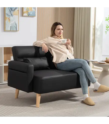 Sofá de 2 Plazas con Tapizado de Cuero Sintético Acolchado Grueso y Patas de Madera para Salón 117x78x78 cm Negro