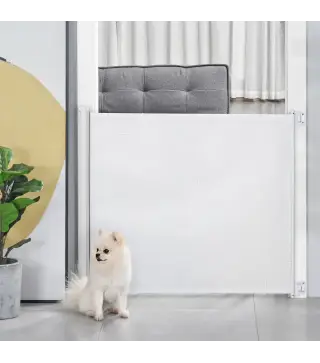 Puerta para Perros Plegable con Ancho Ajustable 5,5-115 cm Barrera de Seguridad para Perros Retráctil con Asa Blanco