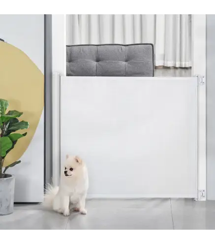 Puerta para Perros Plegable con Ancho Ajustable 5,5-115 cm Barrera de Seguridad para Perros Retráctil con Asa Blanco