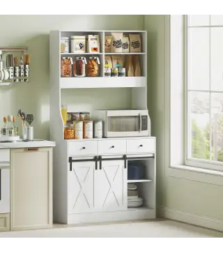 Alacena de Cocina con 2 Puertas Corredizas 3 Cajones Encimera para Microondas y Estantes Ajustables Blanco 93,5x40x180cm