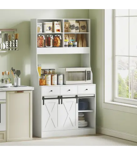 Alacena de Cocina con 2 Puertas Corredizas 3 Cajones Encimera para Microondas y Estantes Ajustables Blanco 93,5x40x180cm