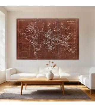 Cuadros en Lienzo Trípticos Mapamundi Vintage a Mano 120x60 cm con Marco de Madera Decoración para Dormitorio Marrón