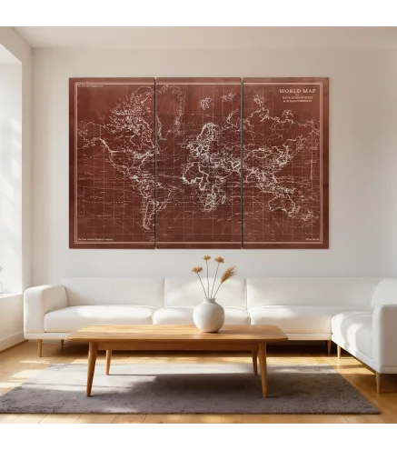 Cuadros en Lienzo Trípticos Mapamundi Vintage a Mano 120x60 cm con Marco de Madera Decoración para Dormitorio Marrón