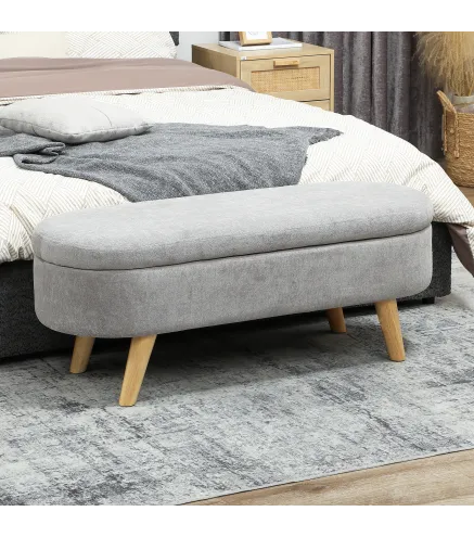 Puff Almacenaje Tapizado en Terciopelo de Teddy con Patas de Madera y Asiento Acolchado Gris Claro