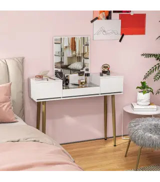 Tocador Elegante con Espejo Cuadrado y Cajones Organizadores 105,5x30x130,5 cm Blanco y Dorado