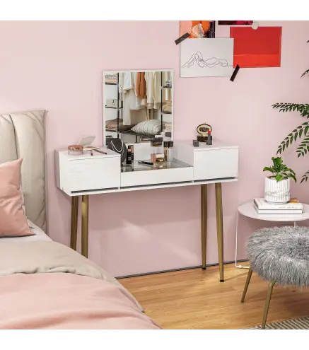 Tocador Elegante con Espejo Cuadrado y Cajones Organizadores 105,5x30x130,5 cm Blanco y Dorado