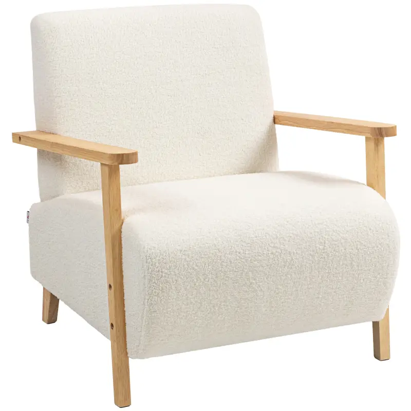 Sillón Nórdico de Borreguito Acolchado Grueso y Patas de Madera Asiento Amplio para Salón Dormitorio 74,5x76x78 cm Crema