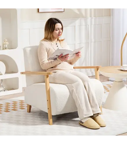 Sillón Nórdico de Borreguito Acolchado Grueso y Patas de Madera Asiento Amplio para Salón Dormitorio 74,5x76x78 cm Crema