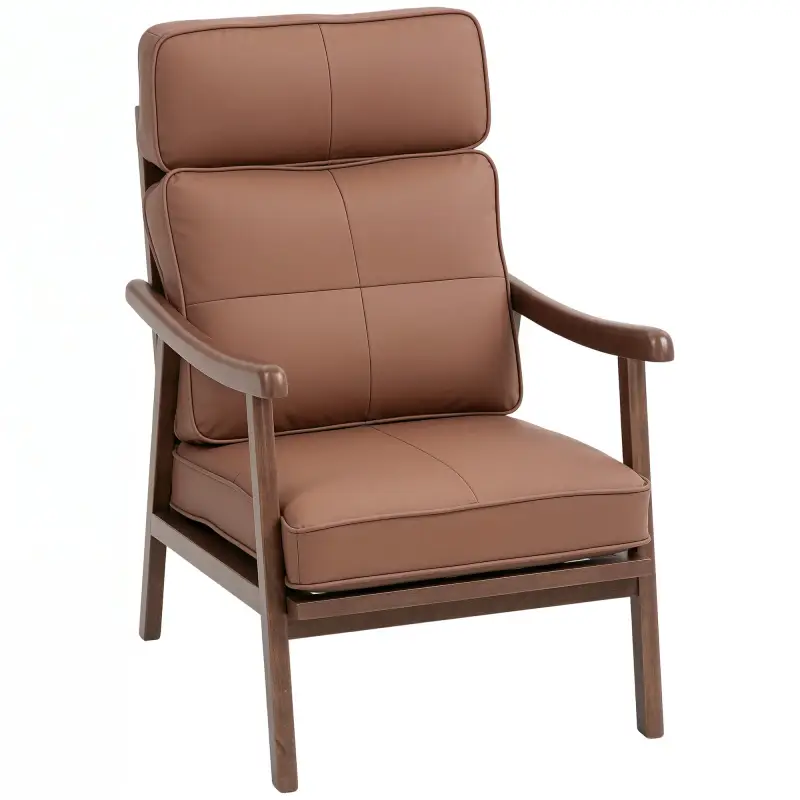 Sillón de Salón Tapizado en PU con Marco de Madera Cojines Acolchados Gruesos Marrón y Madera Nogal