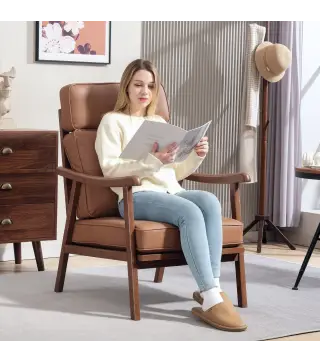 Sillon de Salon Tapizado en PU con Marco de Madera Cojines Acolchados Gruesos Marron y Madera Nogal