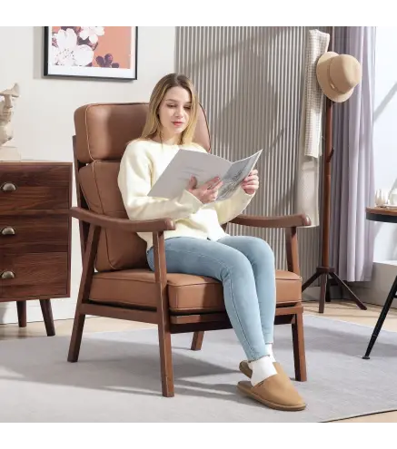 Sillón de Salón Tapizado en PU con Marco de Madera Cojines Acolchados Gruesos Marrón y Madera Nogal