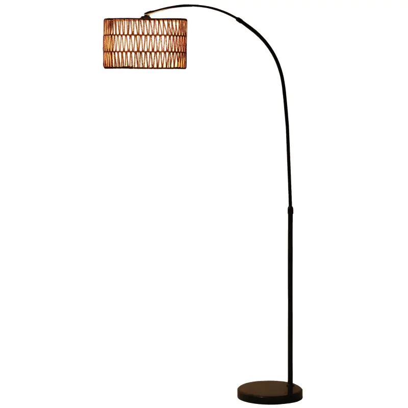 Lámpara de Pie Estilo Linterna con Pantalla de Fibra de Yute y Base de Mármol 93x34x144-175 cm Marrón y Negro