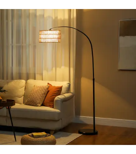 Lámpara de Pie Estilo Linterna con Pantalla de Fibra de Yute y Base de Mármol 93x34x144-175 cm Marrón y Negro