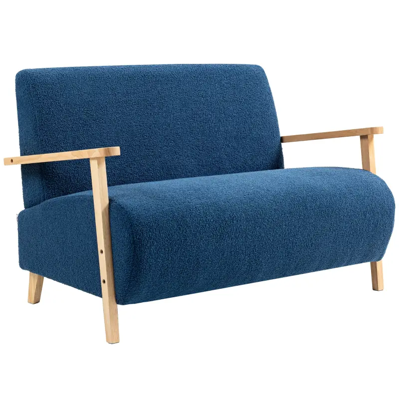 Sofá de 2 Plazas Tapizado en Borreguito 118 cm con Acolchado Grueso Reposabrazos y Patas de Madera Azul Oscuro