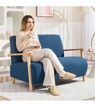 Sofá de 2 Plazas Tapizado en Borreguito 118 cm con Acolchado Grueso Reposabrazos y Patas de Madera Azul Oscuro