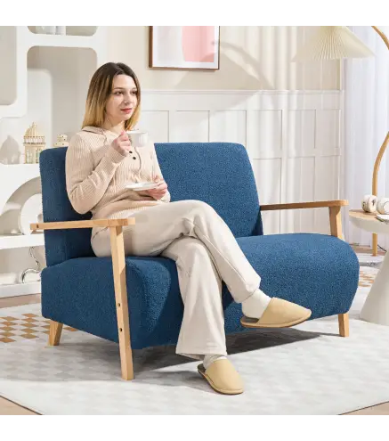 Sofá de 2 Plazas Tapizado en Borreguito 118 cm con Acolchado Grueso Reposabrazos y Patas de Madera Azul Oscuro