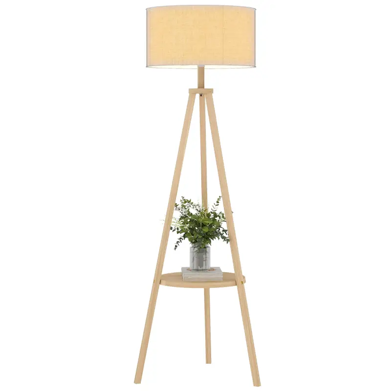 Lámpara de Pie Tipo Trípode con Estructura de Madera Natural y Pantalla de Tela Gris con Estante Integrado 48x48x153 cm