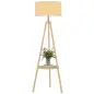 Lámpara de Pie Tipo Trípode con Estructura de Madera Natural y Pantalla de Tela Gris con Estante Integrado 48x48x153 cm