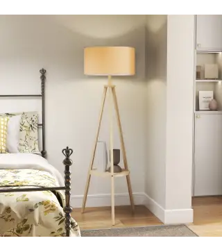 Lámpara de Pie Tipo Trípode con Estructura de Madera Natural y Pantalla de Tela Gris con Estante Integrado 48x48x153 cm