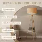 Lámpara de Pie Tipo Trípode con Estructura de Madera Natural y Pantalla de Tela Gris con Estante Integrado 48x48x153 cm