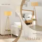 Lámpara de Pie Tipo Trípode con Estructura de Madera Natural y Pantalla de Tela Gris con Estante Integrado 48x48x153 cm
