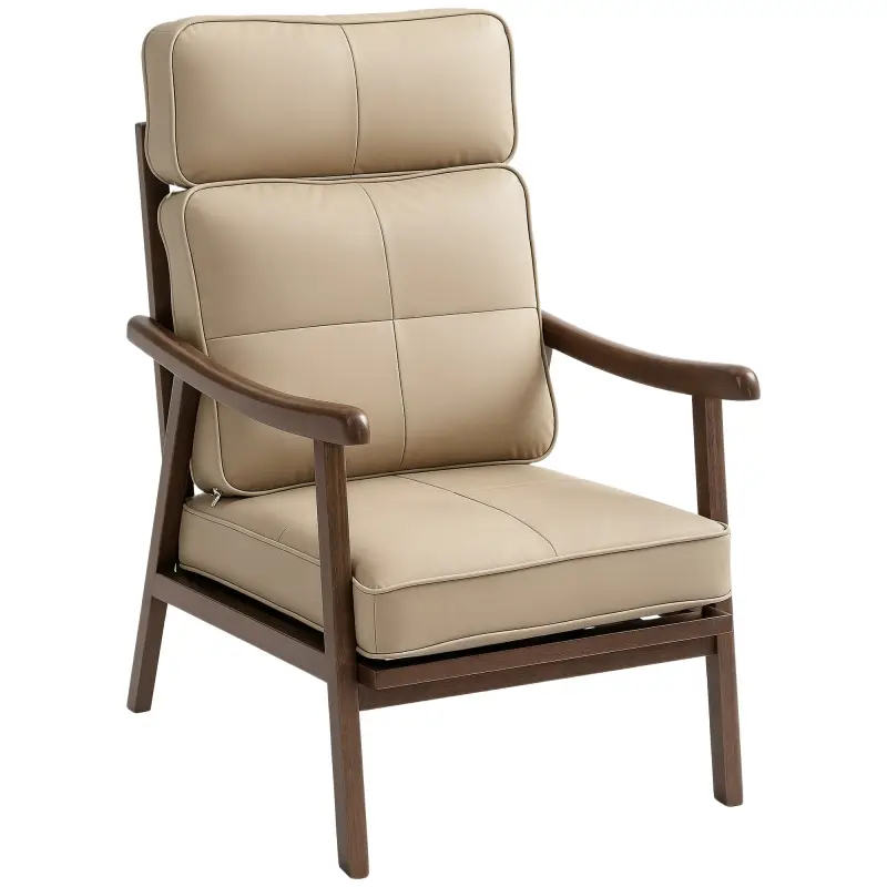 Sillón de Salón Tapizado en PU con Marco de Madera Cojines Acolchados Gruesos Caqui y Madera Nogal