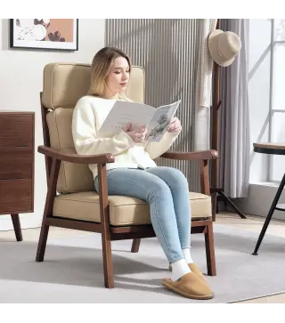 Sillón de Salón Tapizado en PU con Marco de Madera Cojines Acolchados Gruesos Caqui y Madera Nogal