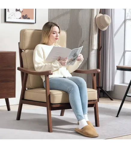 Sillón de Salón Tapizado en PU con Marco de Madera Cojines Acolchados Gruesos Caqui y Madera Nogal