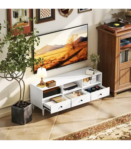 Mueble TV Compacto con 3 Cajones y 3 Compartimentos para TV de hasta 65 Pulgadas 120x34x45 cm Blanco