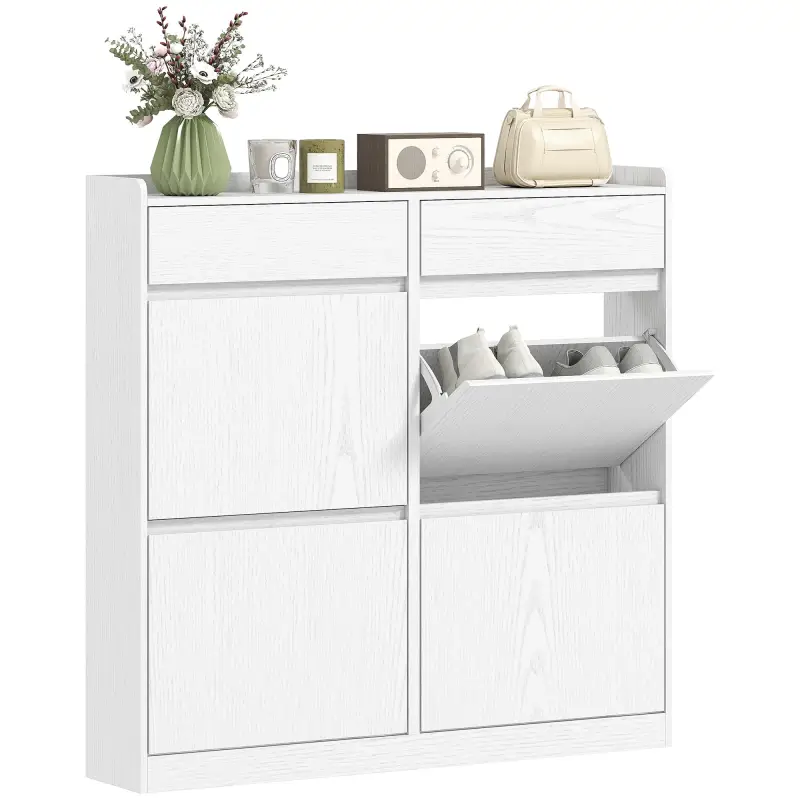 Zapatero Estrecho con 2 Cajones 4 Compartimentos Abatibles y Encimera 98x19,2x95,3 cm Blanco Veteado
