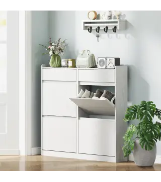 Zapatero Estrecho con 2 Cajones 4 Compartimentos Abatibles y Encimera 98x19,2x95,3 cm Blanco Veteado