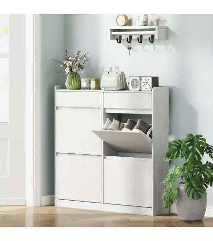 Zapatero Estrecho con 2 Cajones 4 Compartimentos Abatibles y Encimera 98x19,2x95,3 cm Blanco Veteado