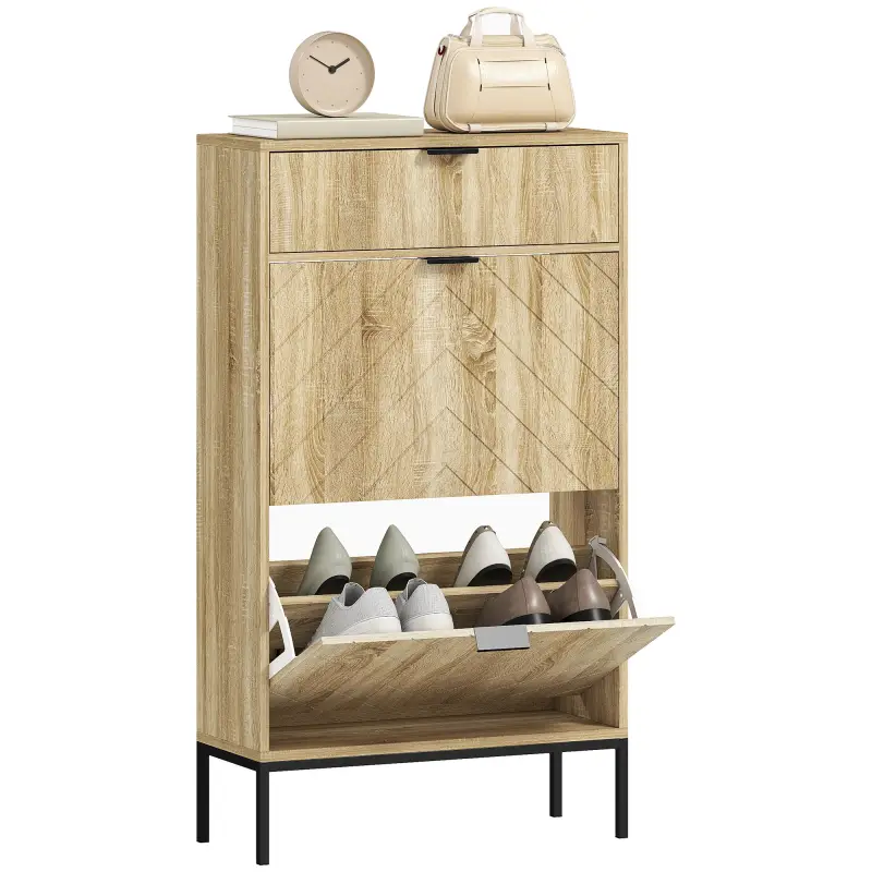 Zapatero Estrecho con 2 Puertas Cajón y Estantes Ajustables para 8 Pares de Zapatos 60x24x105,5 cm Roble