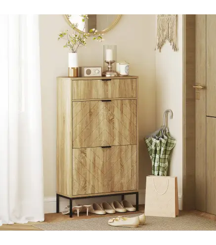 Zapatero Estrecho con 2 Puertas Cajón y Estantes Ajustables para 8 Pares de Zapatos 60x24x105,5 cm Roble