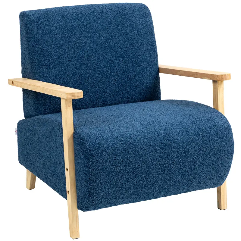 Sillón Nórdico de Borreguito Acolchado Grueso y Patas de Madera Asiento Amplio para Salón Dormitorio 74,5x76x78 cm Azul