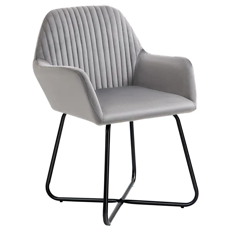 Sillón de Salón Tapizado en Terciopelo con Asiento Acolchado Base Metálica Cruzada Gris