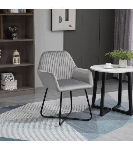 Sillón de Salón Tapizado en Terciopelo con Asiento Acolchado Base Metálica Cruzada Gris