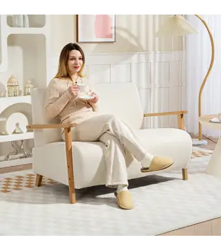 Sofá de 2 Plazas Tapizado en Borreguito 118 cm con Acolchado Grueso Reposabrazos y Patas de Madera Crema