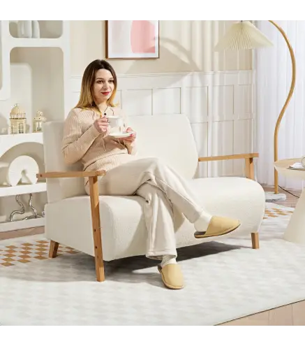 Sofá de 2 Plazas Tapizado en Borreguito 118 cm con Acolchado Grueso Reposabrazos y Patas de Madera Crema