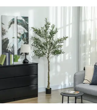 Planta Artificial Decorativa de 180cm Árbol de Olivo con 900 Hojas y 40 Aceitunas en Maceta para Interior Verde