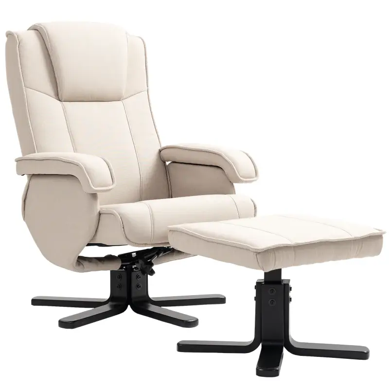 Sillón Relax Reclinable con Reposapiés Giratoria Tapizado en Lino con Base de Madera Beige