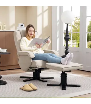 Sillón Relax Reclinable con Reposapiés Giratoria Tapizado en Lino con Base de Madera Beige