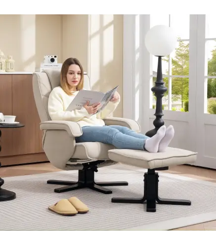 Sillón Relax Reclinable con Reposapiés Giratoria Tapizado en Lino con Base de Madera Beige