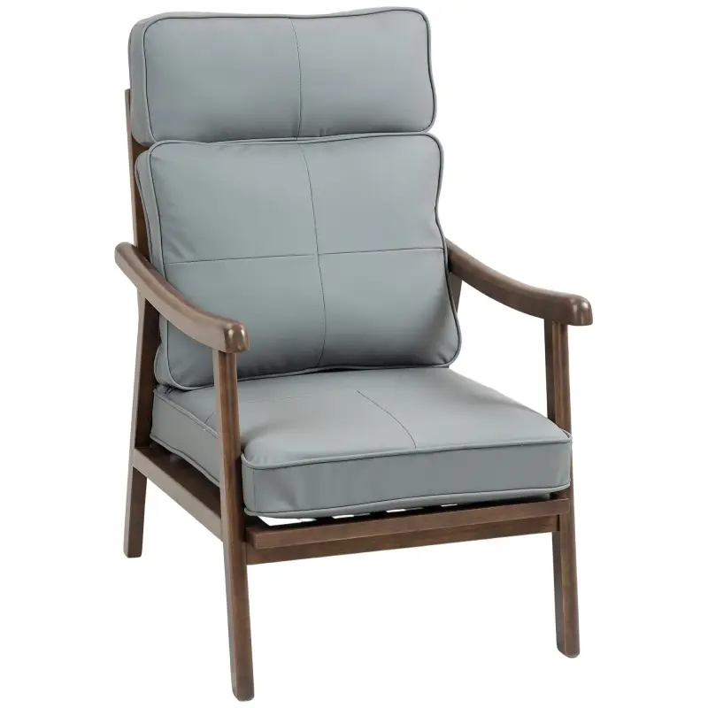 Sillón de Salón Tapizado en PU con Marco de Madera Cojines Acolchados Gruesos Gris y Madera Nogal