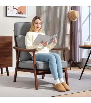 Sillón de Salón Tapizado en PU con Marco de Madera Cojines Acolchados Gruesos Gris y Madera Nogal