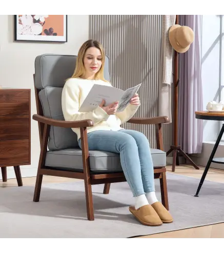 Sillón de Salón Tapizado en PU con Marco de Madera Cojines Acolchados Gruesos Gris y Madera Nogal